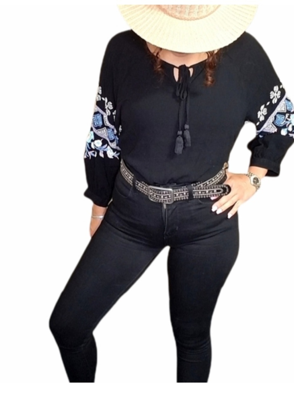 Black Boho Top with Embroidered Balloon Sleeves